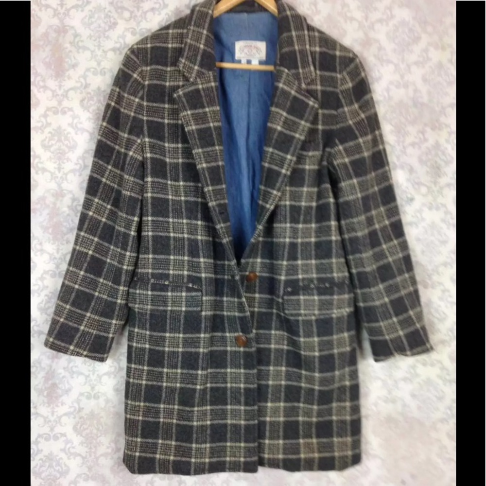 Armani Jeans Vintage Gray Plaid Striped Long Wool Coat Jacket Sz 6